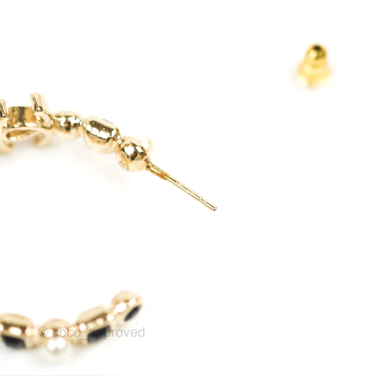 Chanel CC Pearl Black Rhinestone Hoop Earrings Gold Tone 23V