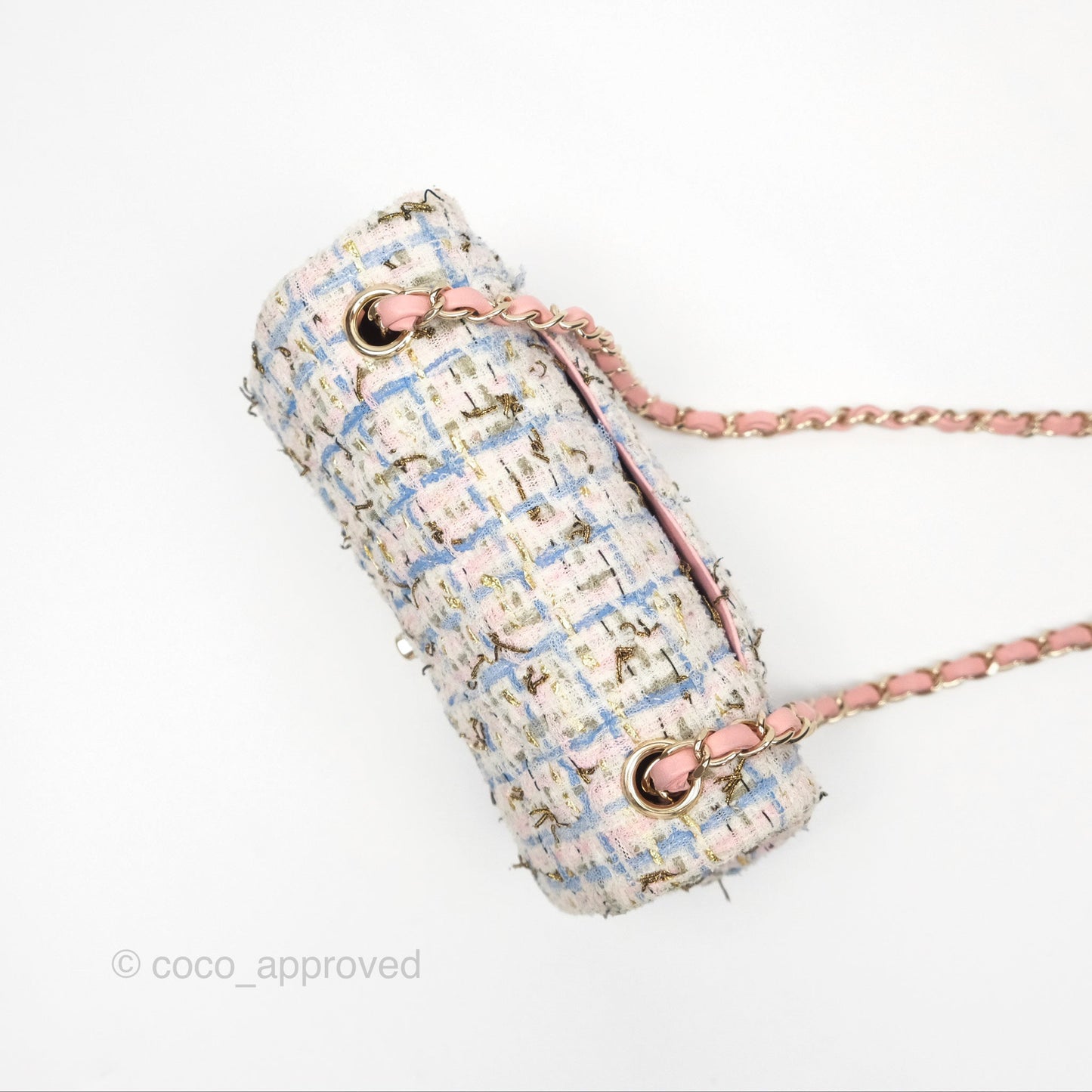 Chanel Mini Rectangular Flap Pink/ Blue/ Gold Tweed Gold Hardware