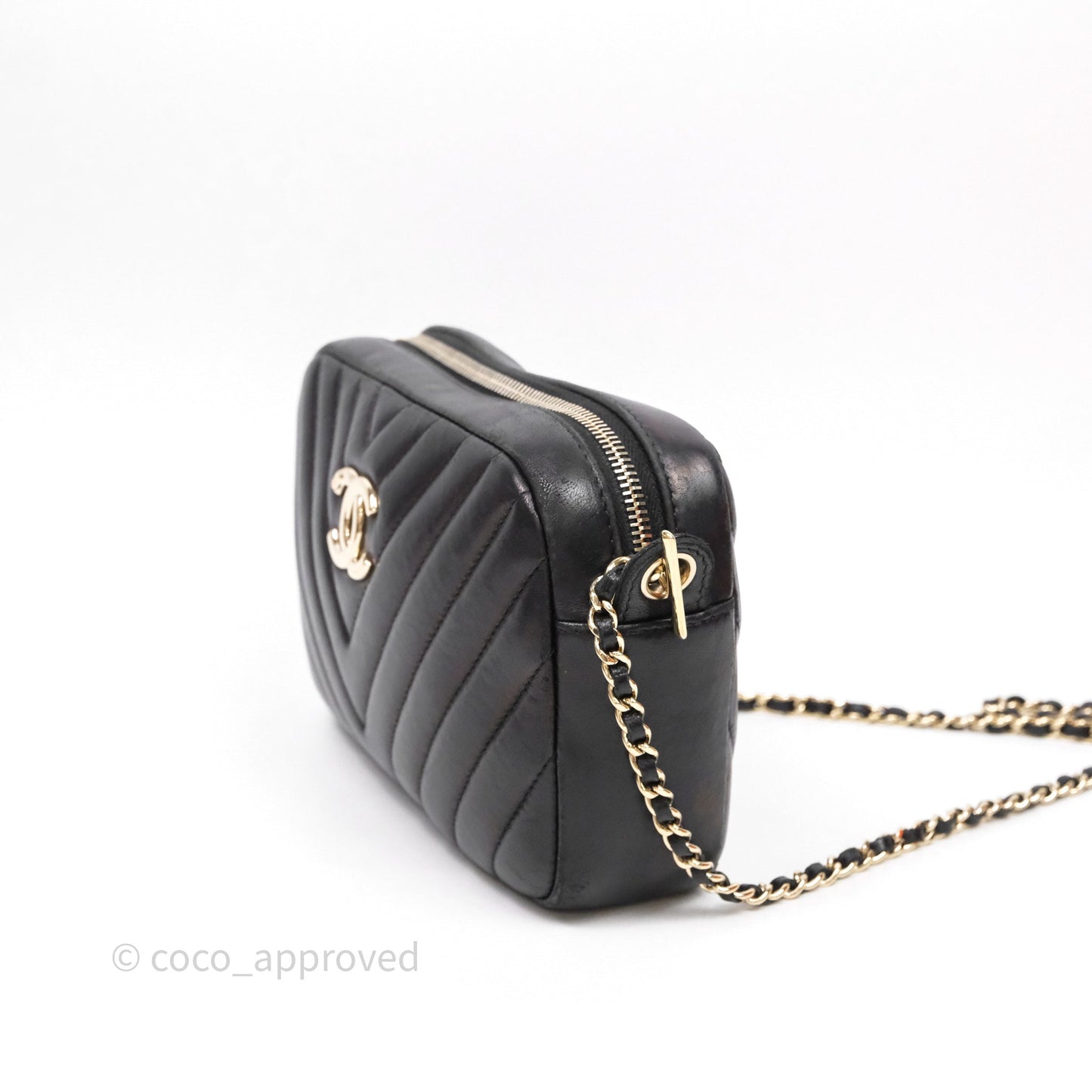 Chanel Chevron Camera Bag Black Lambskin Gold Hardware
