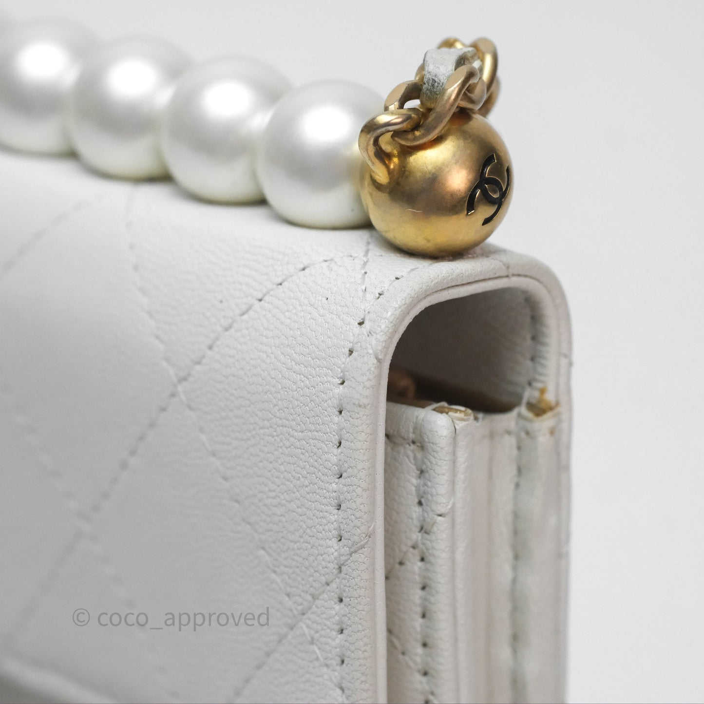 Chanel Quilted Mini Chic Pearls Flap Wallet On Chain WOC White Goatskin Aged Gold Hardware