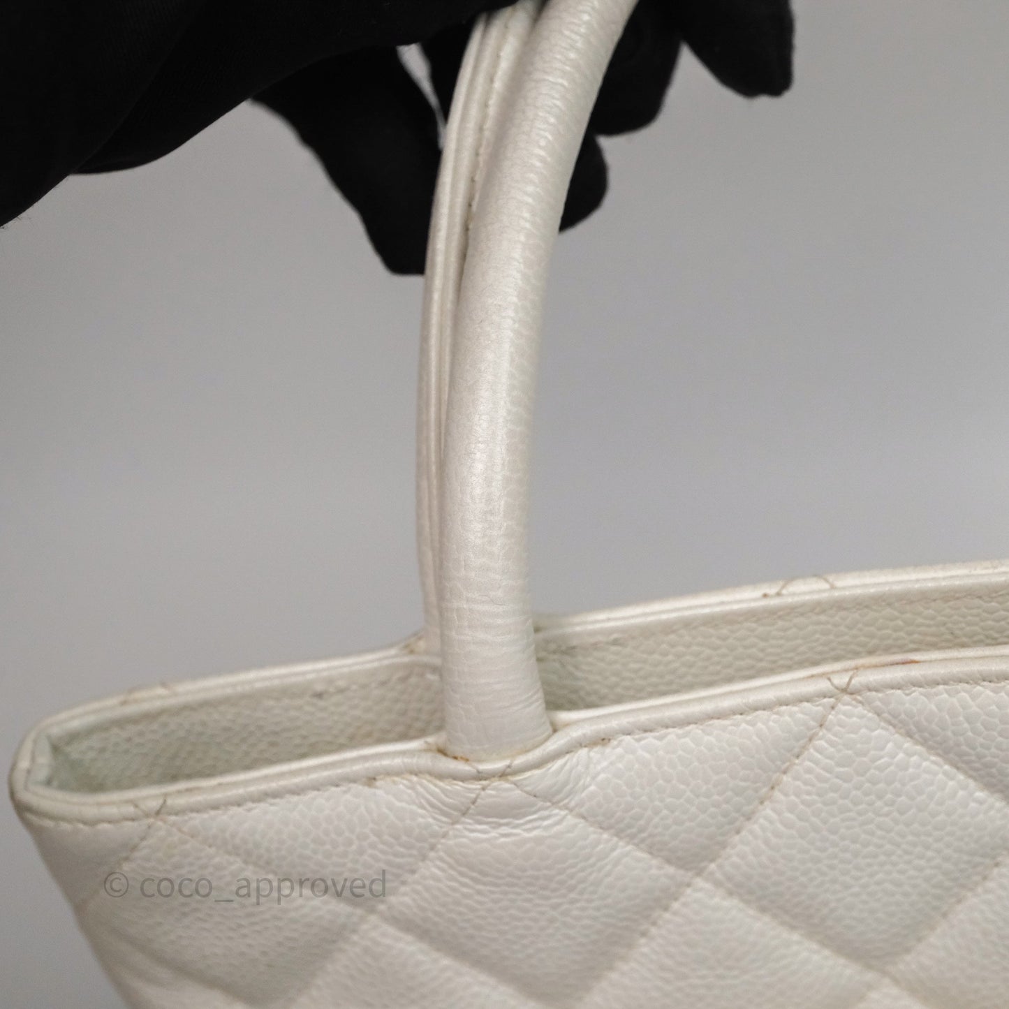 Chanel Vintage Medallion CC White Caviar Tote Bag Gold Hardware