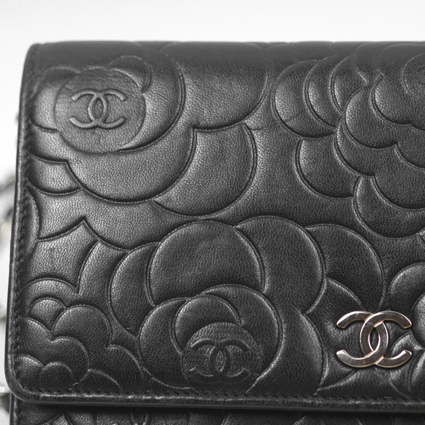 Chanel Camellia Embossed Wallet on Chain WOC Black Lambskin Silver Hardware