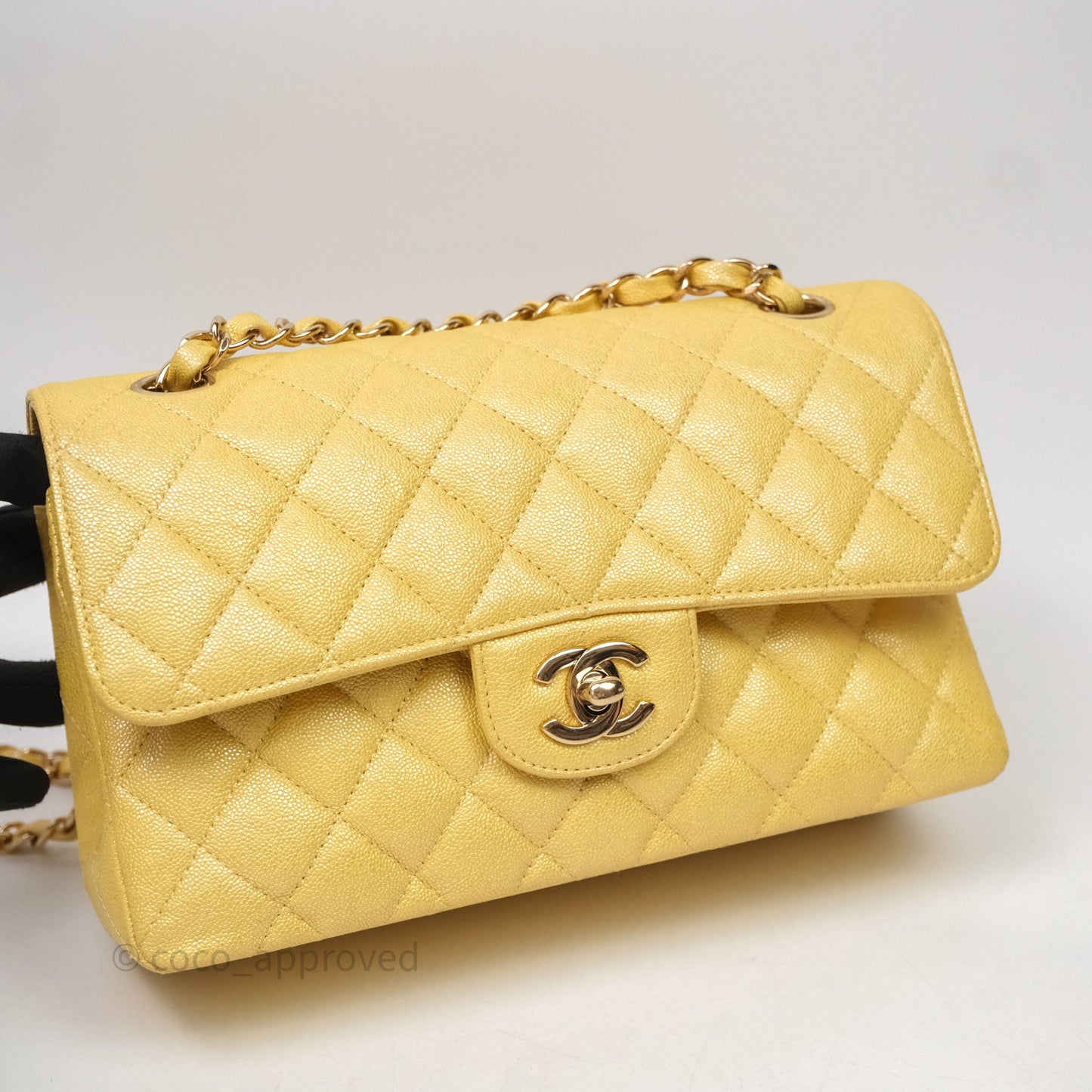 Chanel Small Classic Quilted Flap Iridescent Yellow Caviar Gold Hardware