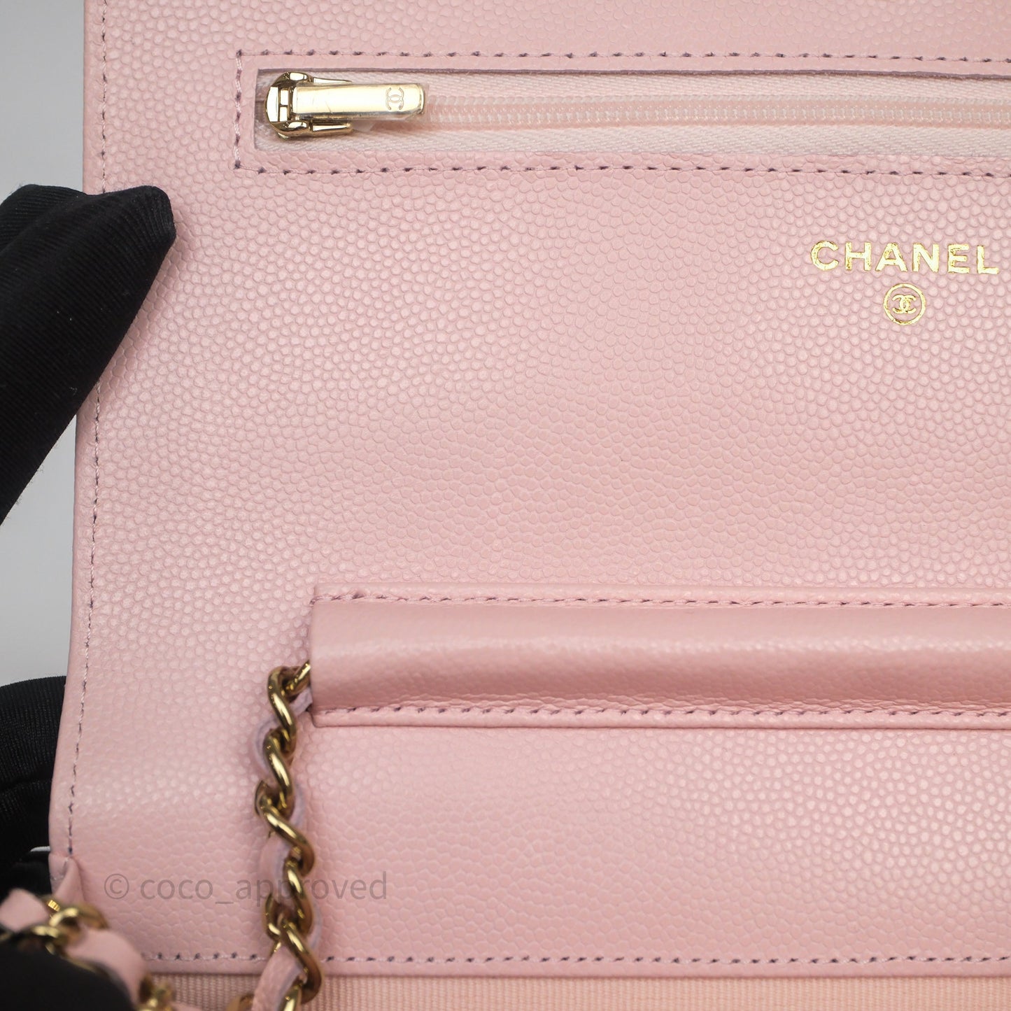 Chanel Classic Quilted Wallet on Chain WOC Light Pink Caviar Gold Hardware