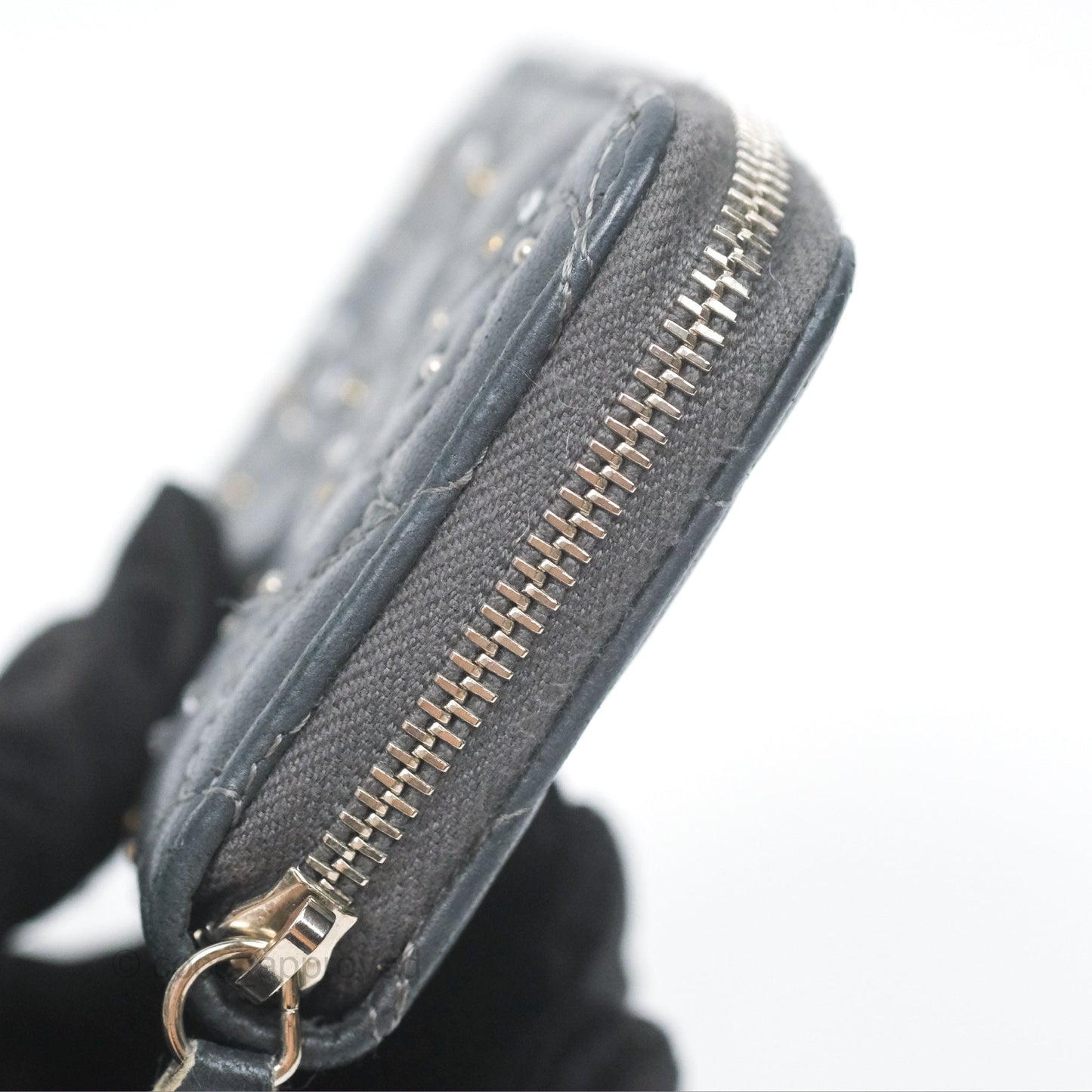 Chanel Camellia Crystal Studded Zipped Coin Purse Grey Silver Hardware