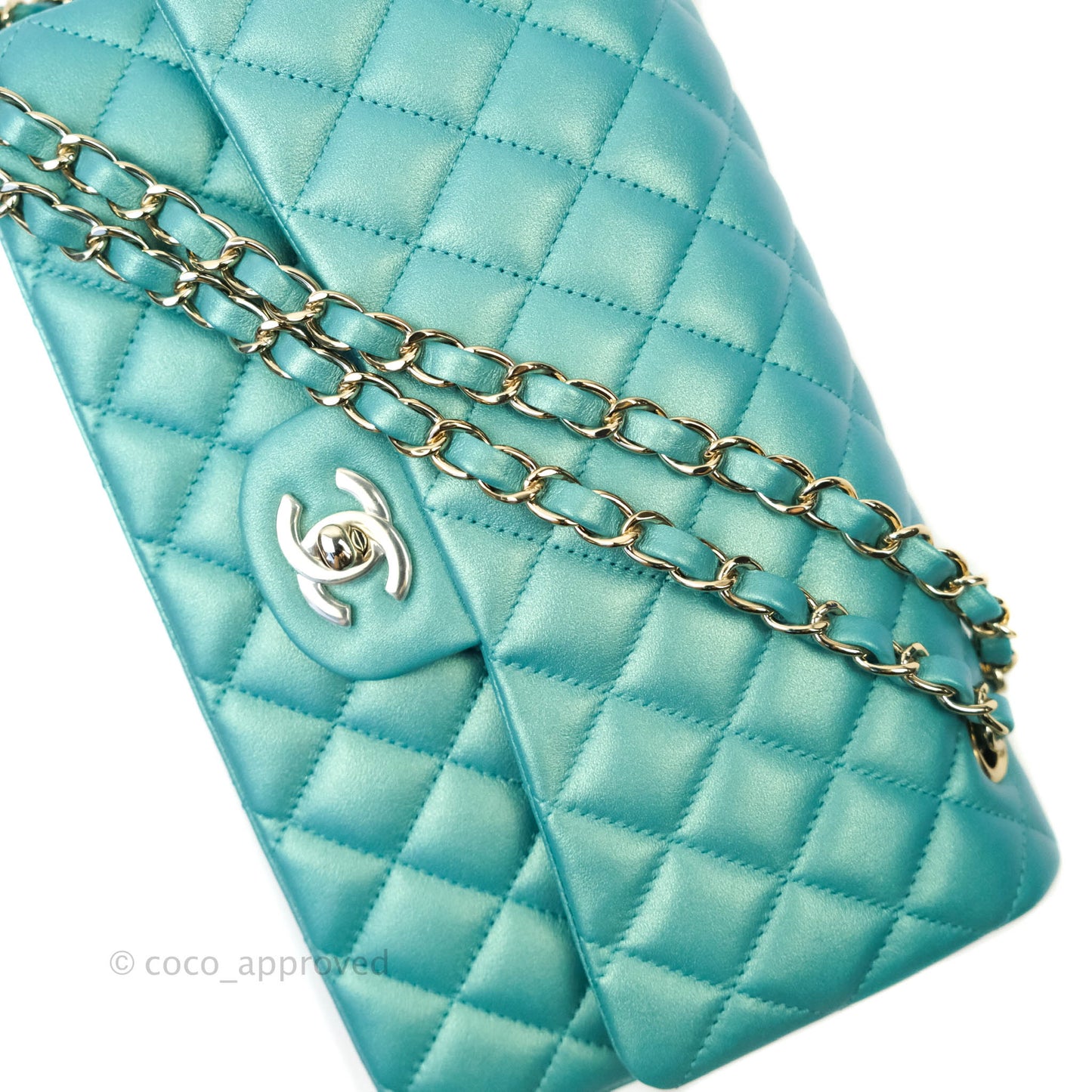 Chanel Classic M/L Medium Double Flap Iridescent Turquoise Calfskin Gold Hardware