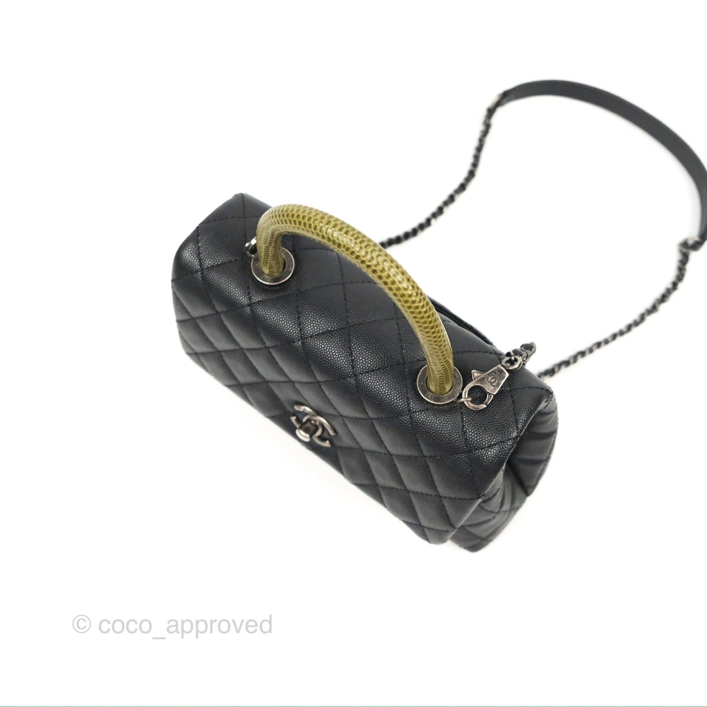 Chanel Small Coco Handle Quilted Black Caviar Ruthenium Hardware Olive Lizard Handle