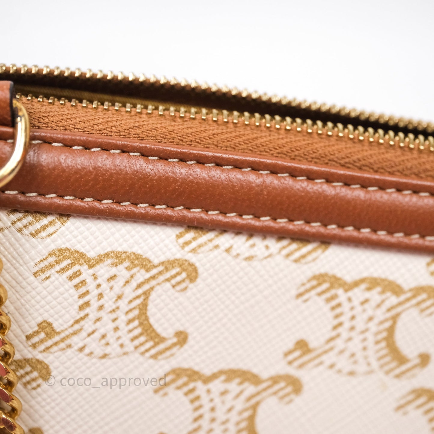 Celine Clutch With Chain Triomphe Canvas Lambskin White/Tan