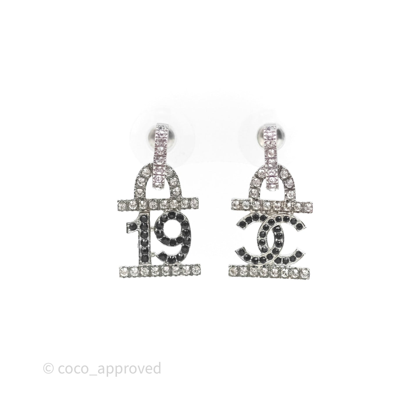 Chanel Crystal 19 CC Lock Earrings Silver Tone 22A