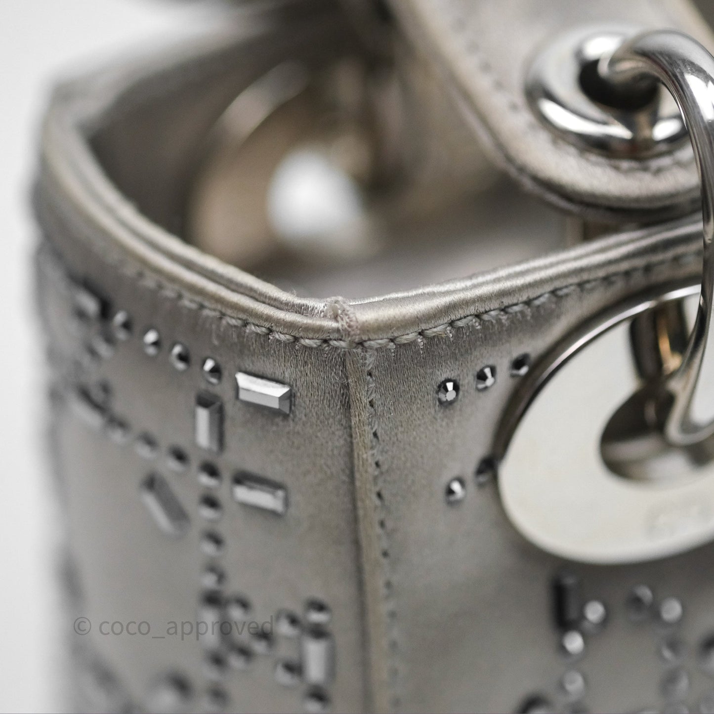 Christian Dior Mini Lady Dior Bag Grey Strass Cannage Satin Silver Hardware