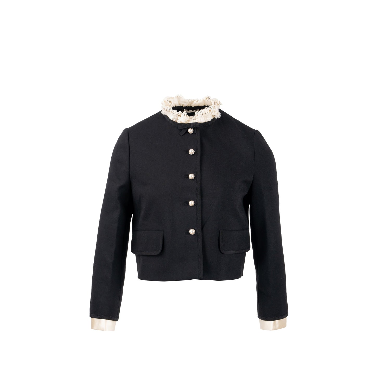 Miu Miu Size 38 Cropped Button Up Lace Jacket virgin wool / silk Black