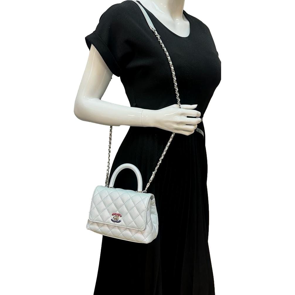 Luxury Chanel Coco Extra Mini Top Handle Iridescent Caviar Leather Crossbody Bag Light Blue