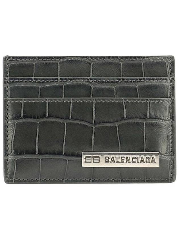 Luxury Balenciaga BB Logo Metal Tab Crocker Card Wallet Drak Grey