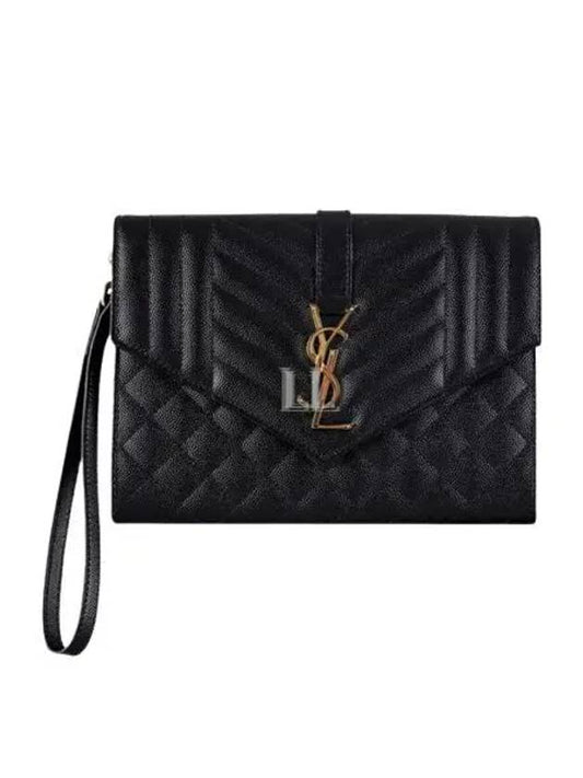 Luxury Saint Laurent Matelasse Gold Logo Strap Clutch Bag Black