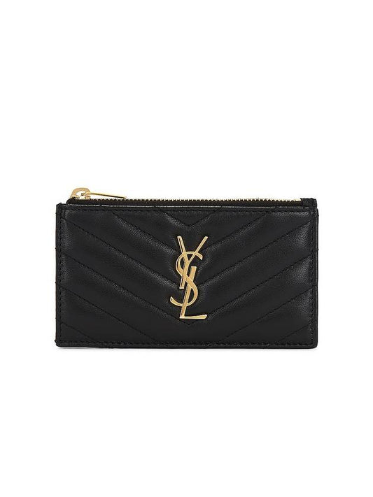 Luxury Saint Laurent Monogram Logo Plaque Zip-Up Card Wallet Black