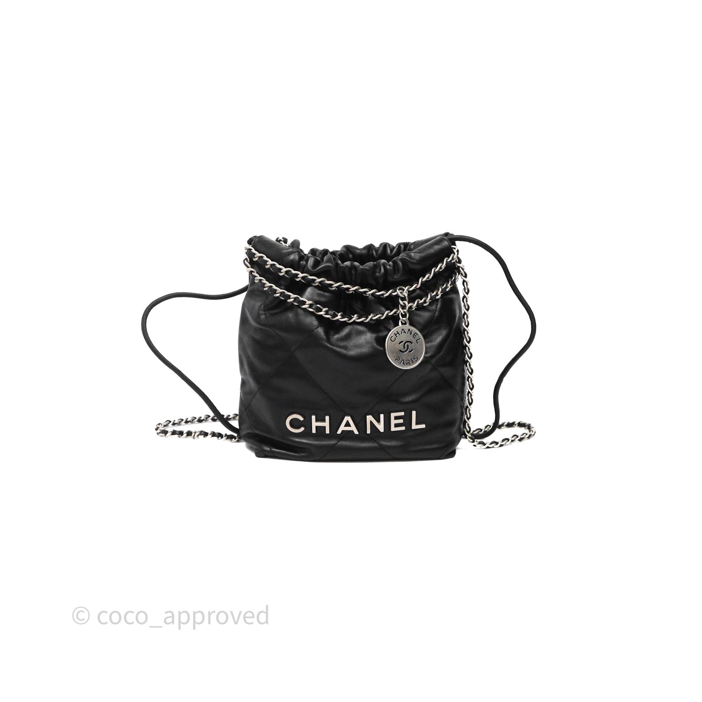 Chanel 22 Mini Bag Black Shiny Crumpled Calfskin Matte Silver Hardware