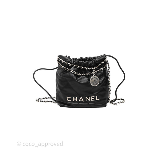 Chanel 22 Mini Bag Black Shiny Crumpled Calfskin Matte Silver Hardware
