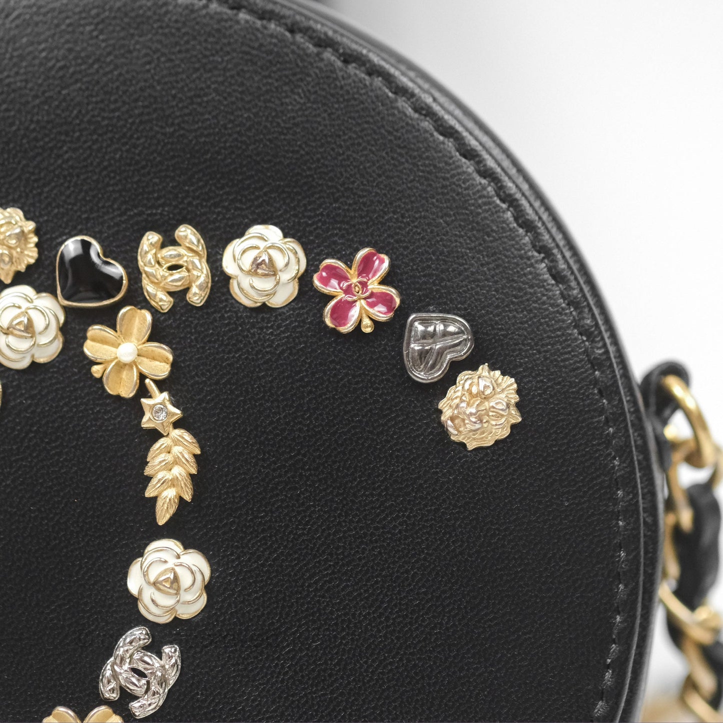 Chanel Studded CC Round Clutch With Chain Black Lambskin Gold Hardware