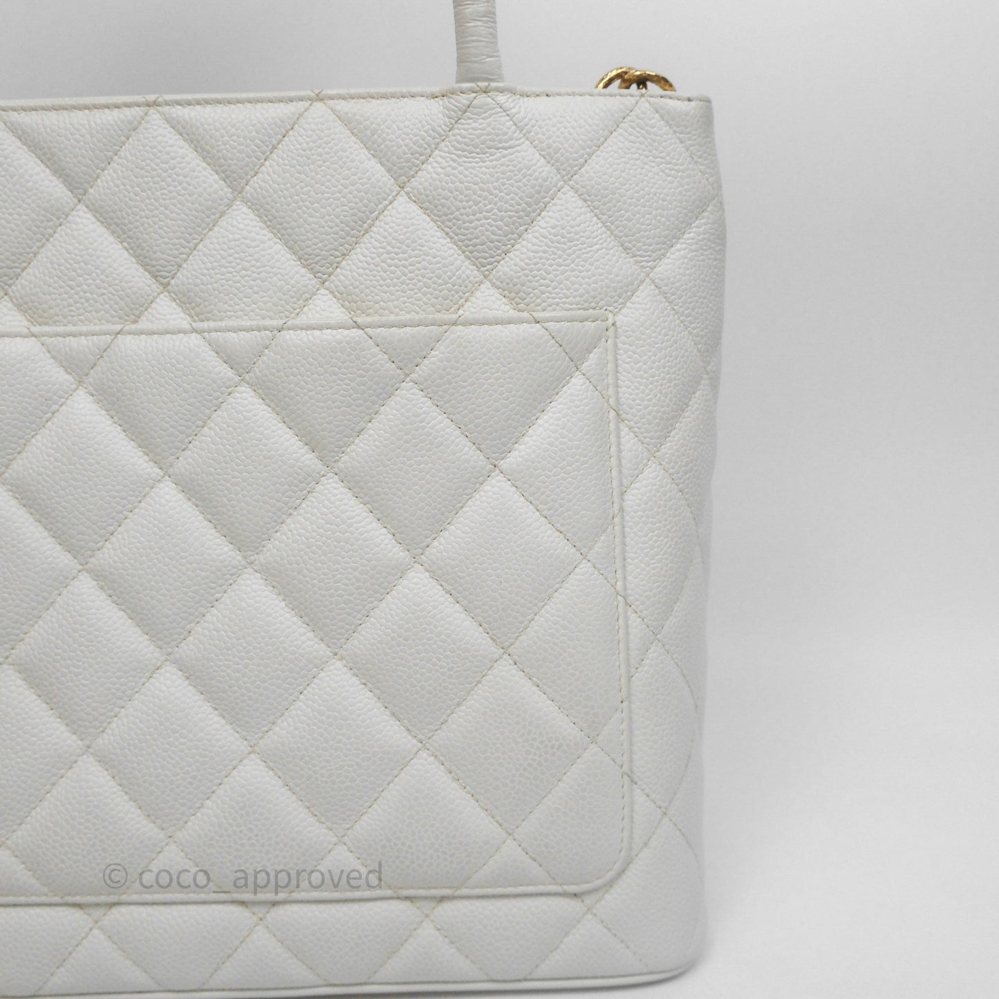Chanel Vintage Medallion CC White Caviar Tote Bag Gold Hardware
