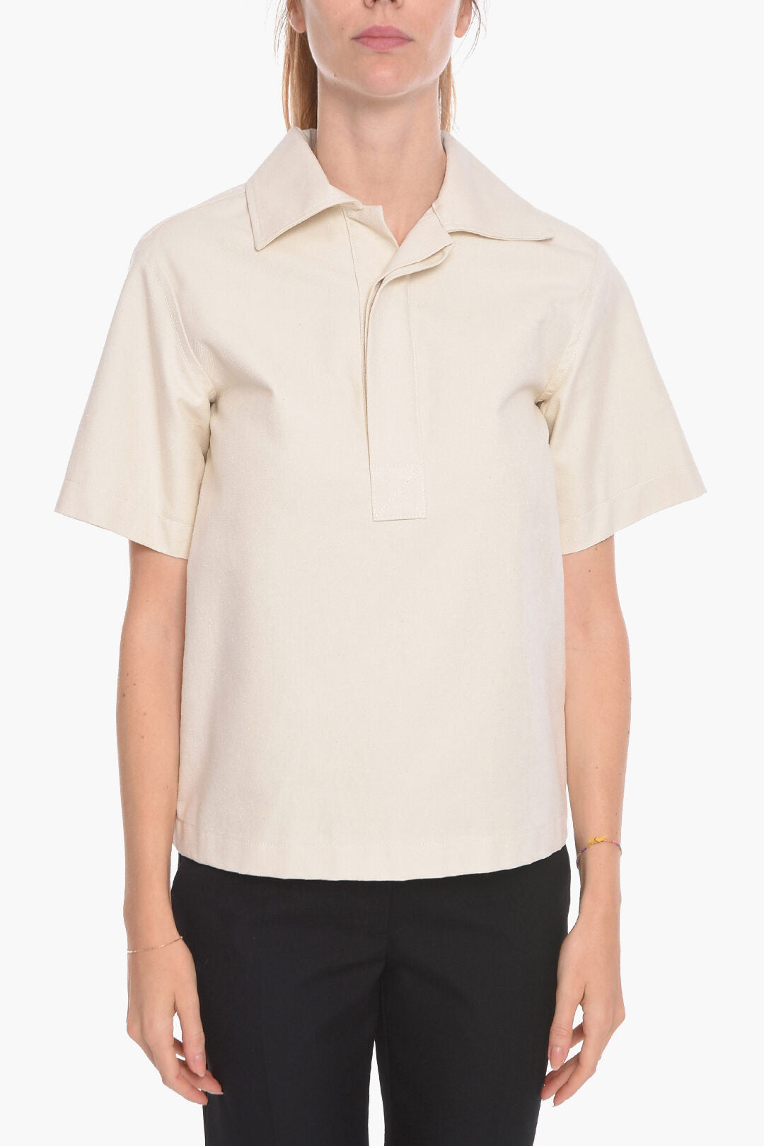 Luxury Bottega Veneta Short-sleeved Cotton Blouse with Hidden Buttons