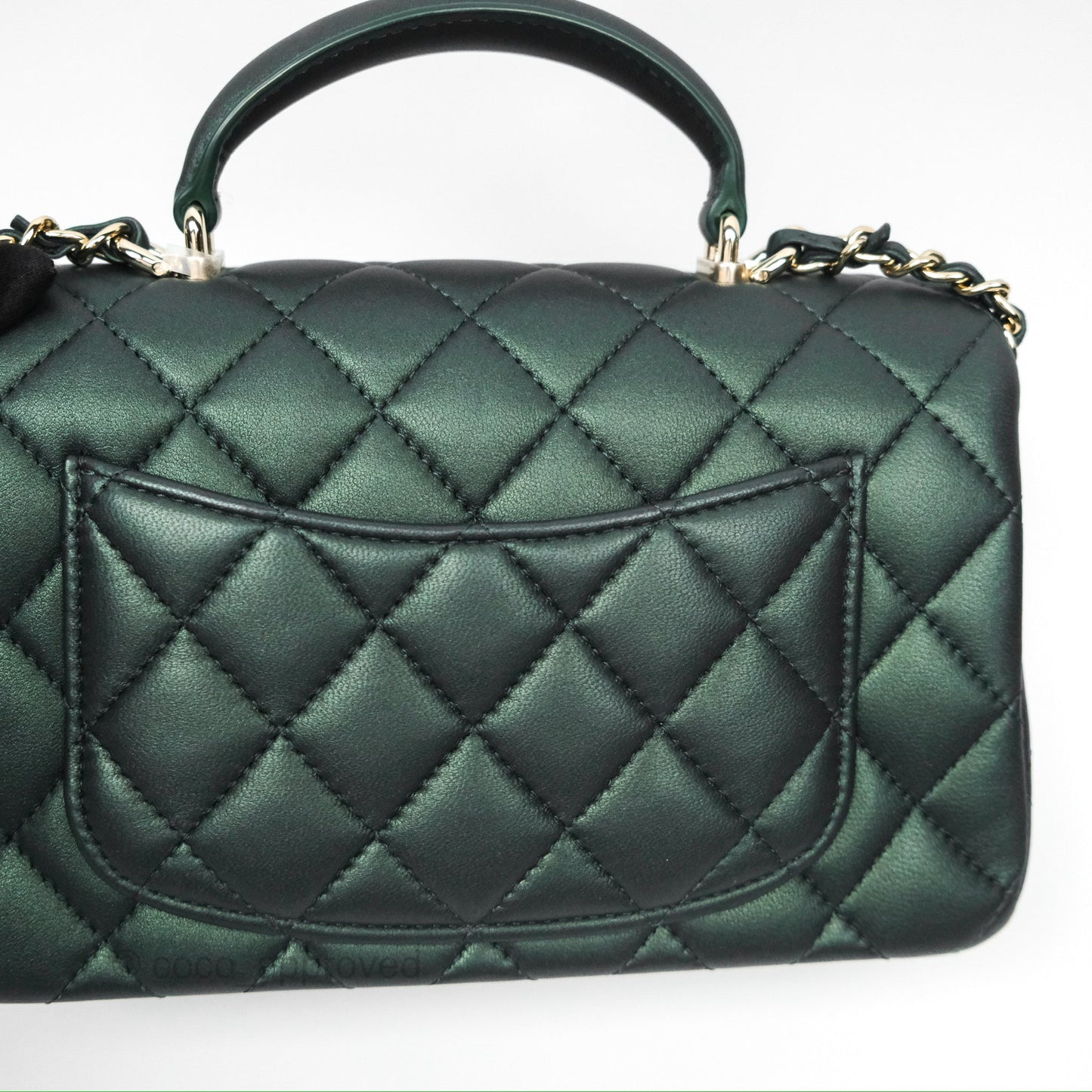 Chanel Top Handle Mini Rectangular Flap Bag Iridescent Dark Green Lambskin Gold Hardware