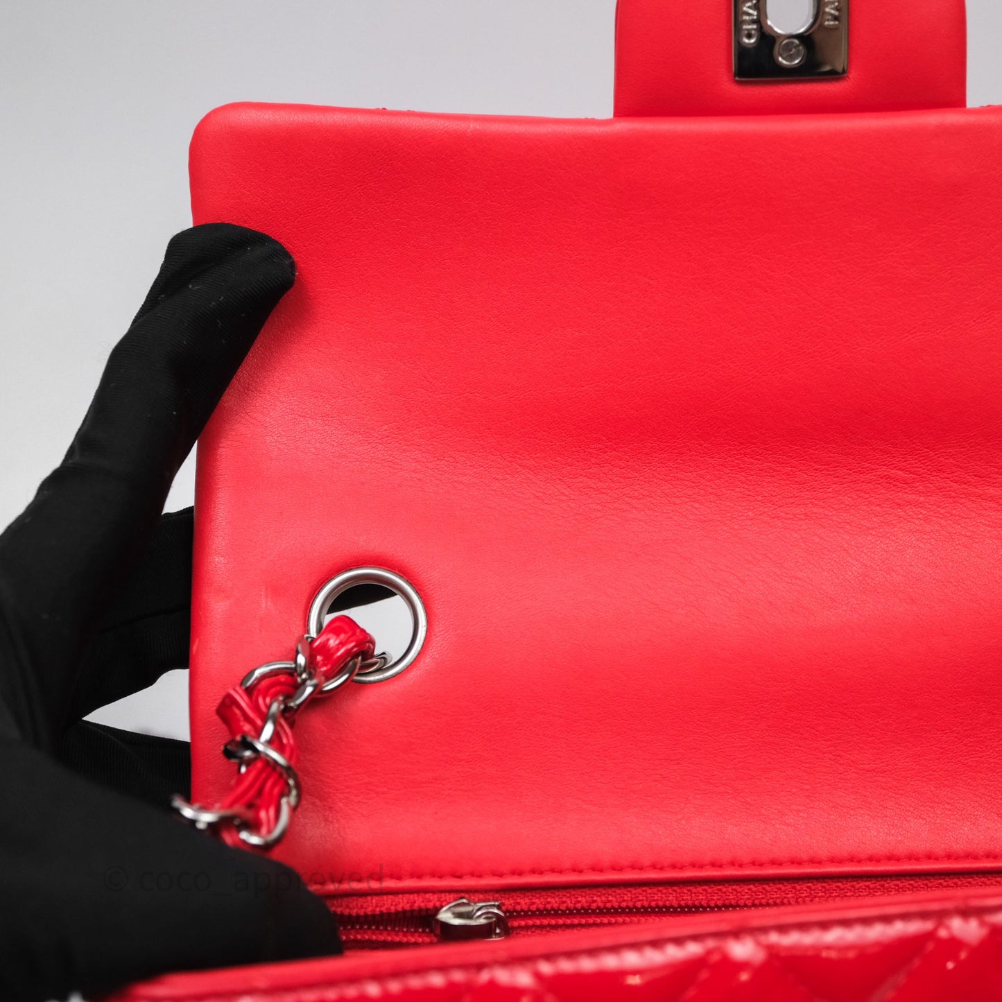 Chanel Mini Rectangular Quilted Red Patent Silver Hardware