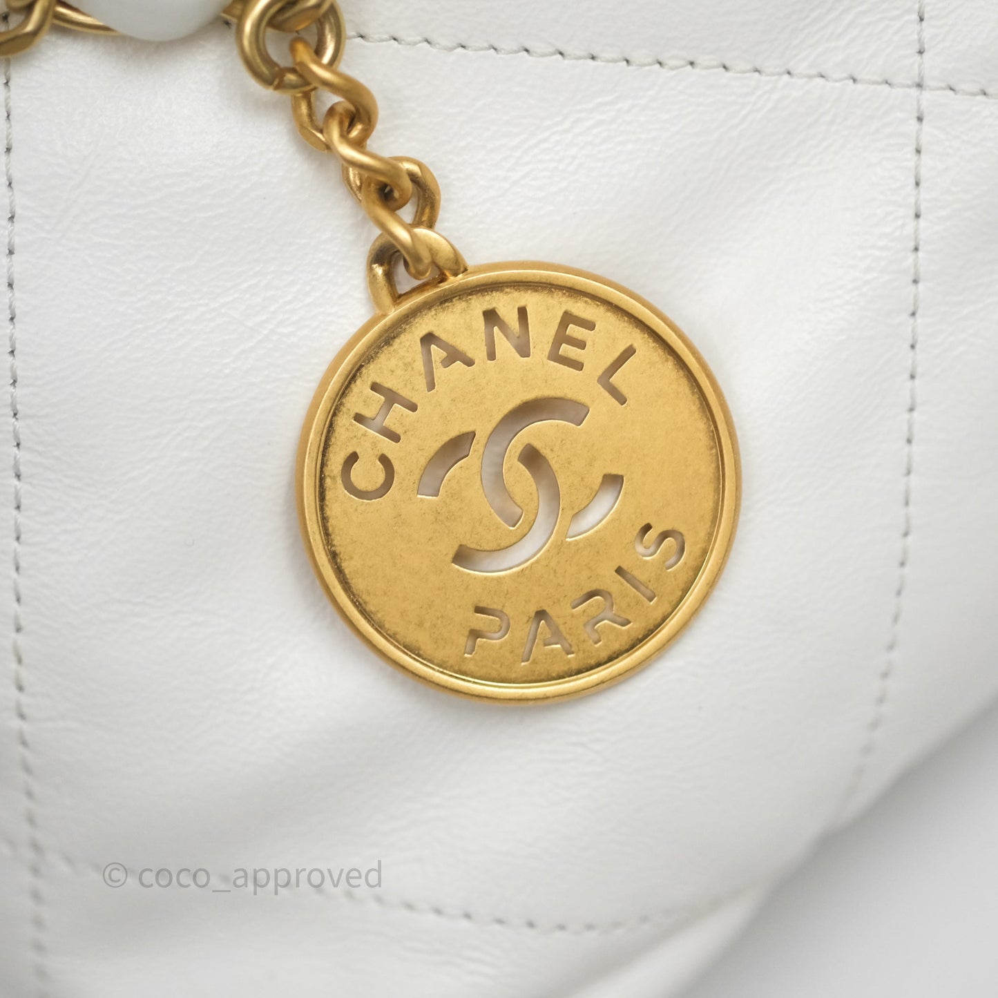 Chanel 22 Small White Aged Calfskin Black Logo Aged Gold Hardware