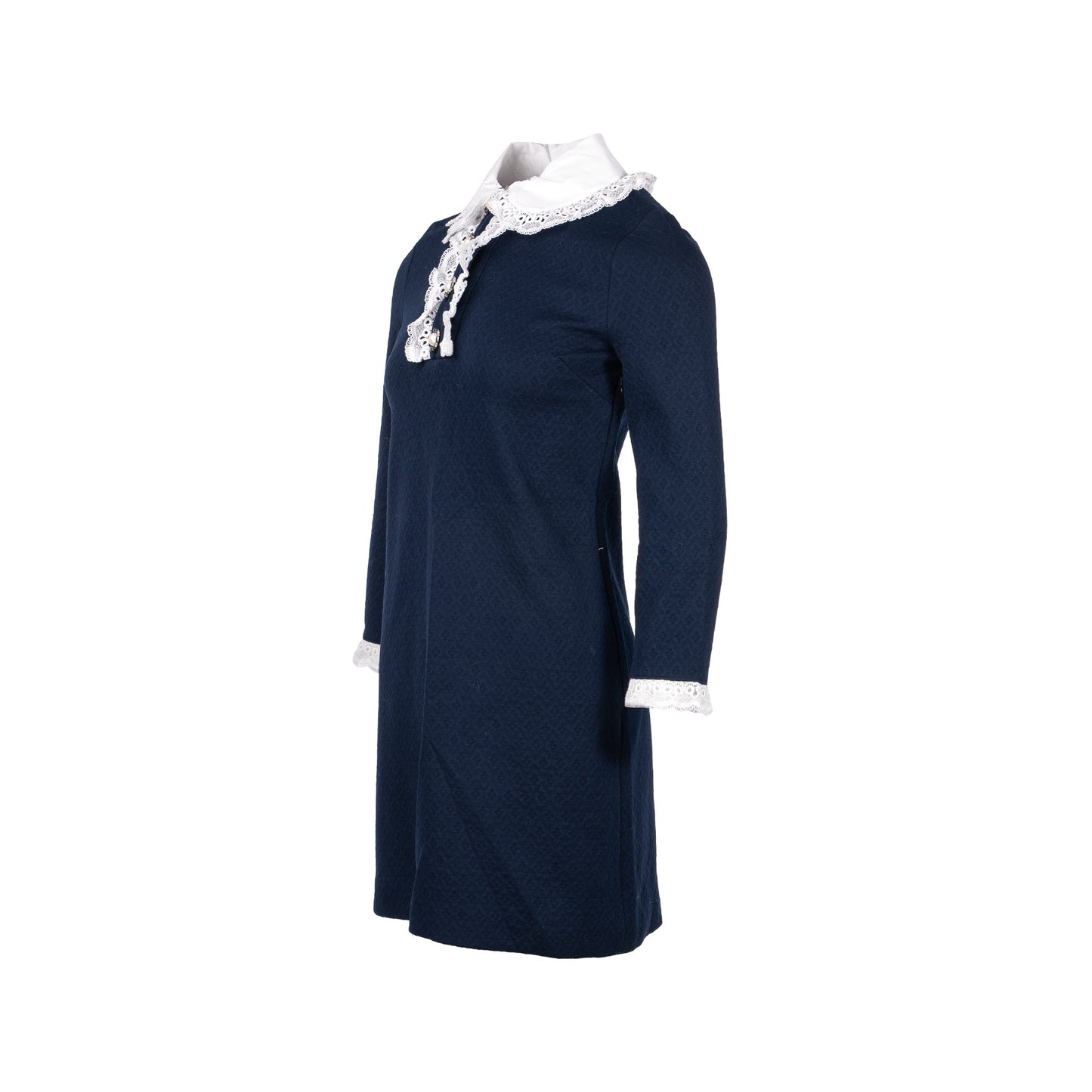 MIU MIU Size XS Lace Collar Jacquard Dress With Pearl Cotton/Polyamide Navy/White