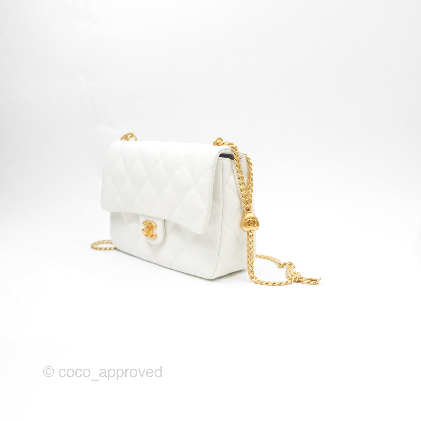 Chanel Large Flap Bag Heart Adjustable Chain White Caviar Aged Gold Hardware