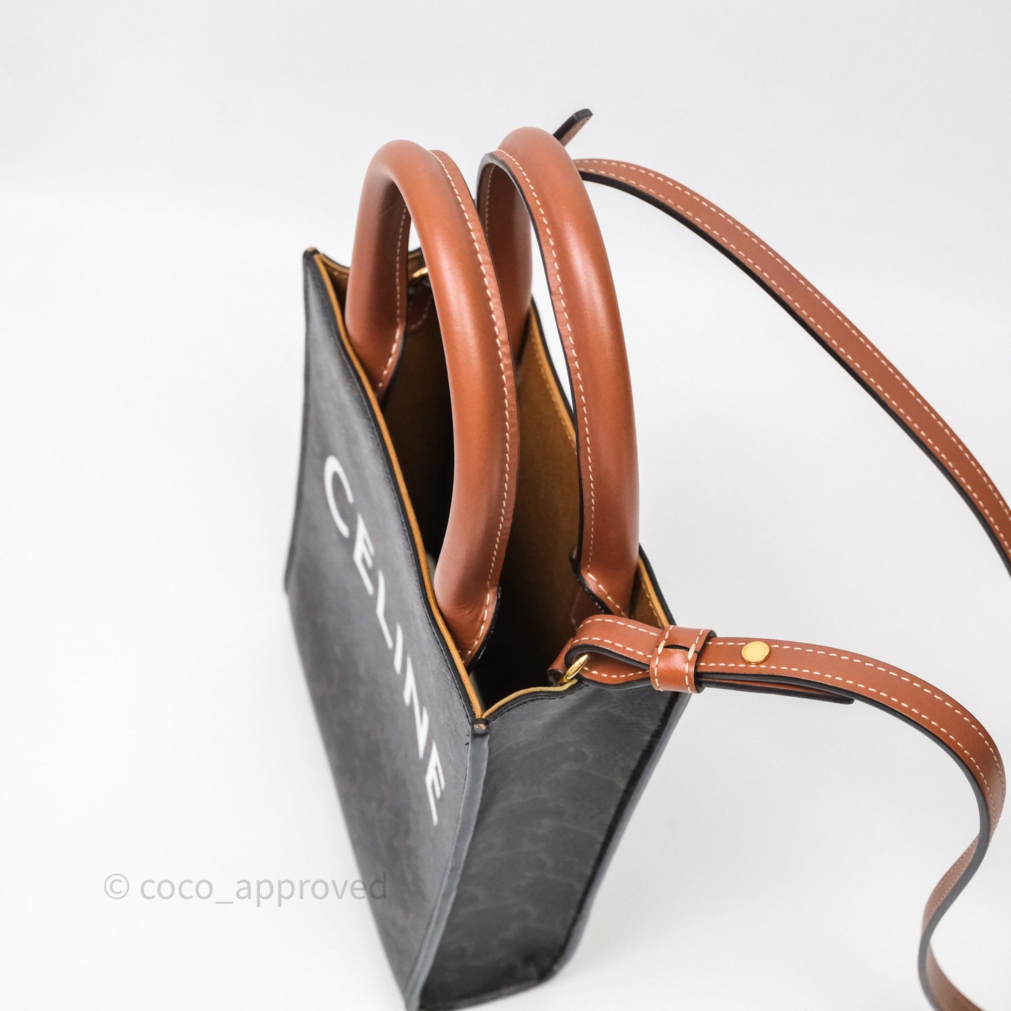 Celine Mini Vertical Cabas Bag Triomphe Canvas Tan Calfskin