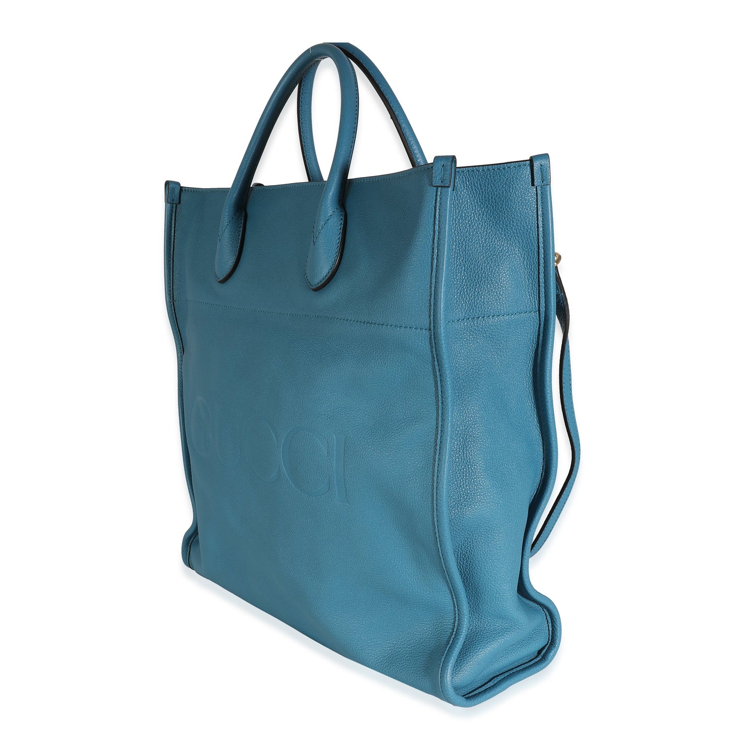 Luxury Gucci Trending 2025 Blue Leather Logo Embossed Shopper Tote