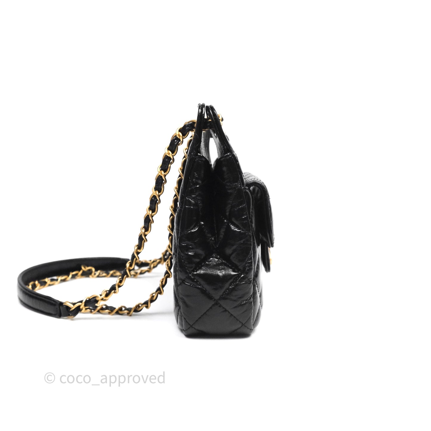 Chanel Small Wavy CC Hobo Black Shiny Crumpled Calfskin Aged Gold Hardware 23C