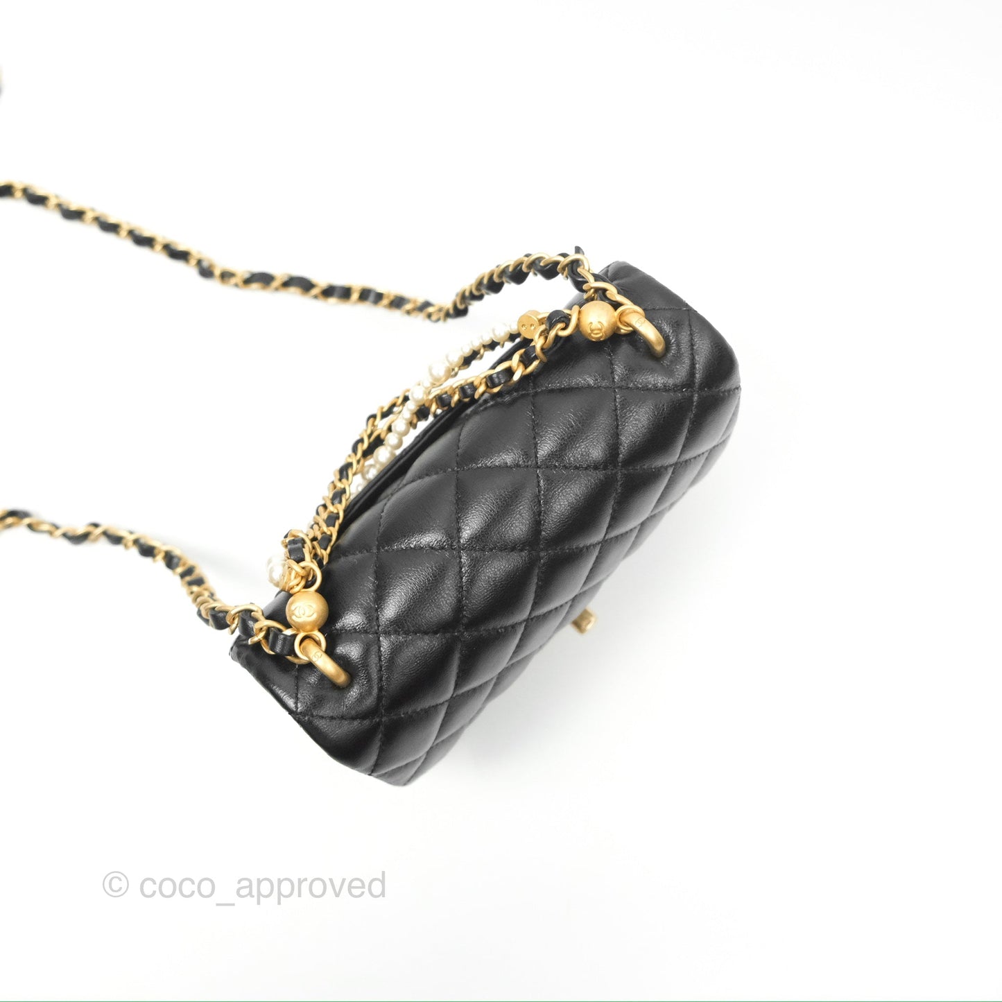 Chanel Mini Flap Bag with Pearl Chain Black Shiny Lambskin Aged Gold Hardware 24P