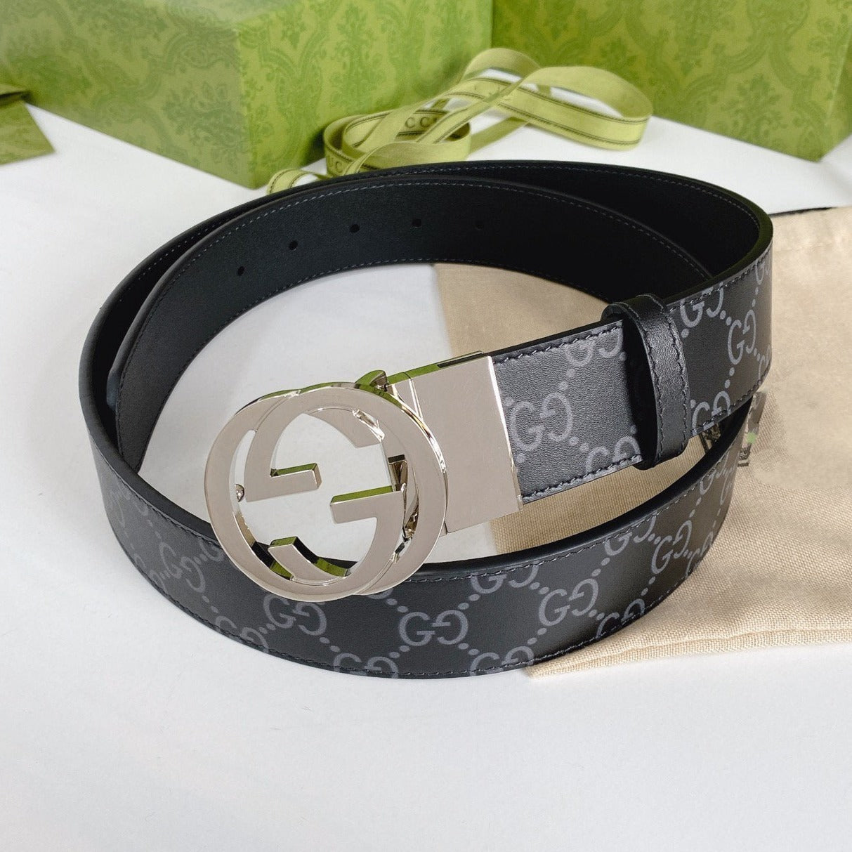Luxury Gucci INTERLOCKING G SILVER BUCKLE 38MM BLACK LEAHTER MONOGRAM