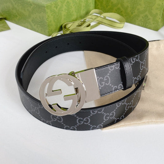 Luxury Gucci INTERLOCKING G SILVER BUCKLE 38MM BLACK LEAHTER MONOGRAM