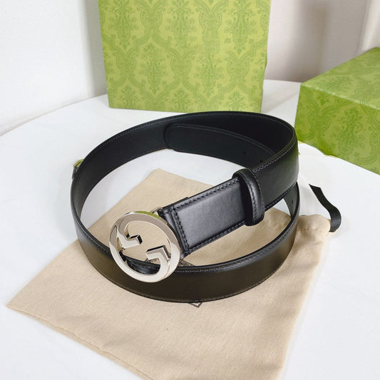 Luxury Gucci INTERLOCKING G SILVER BUCKLE 40MM BLACK LEAHTER
