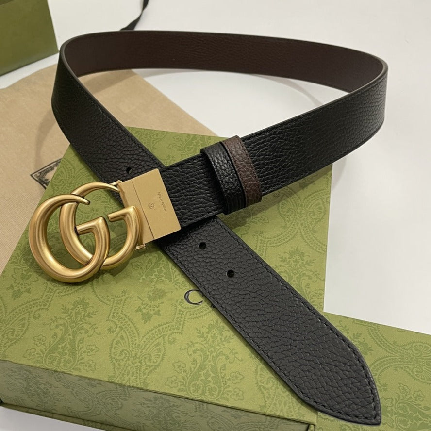 Luxury Gucci DOUBLE G GOLD BUCKLE 38MM BLACK BROWN LEATHER
