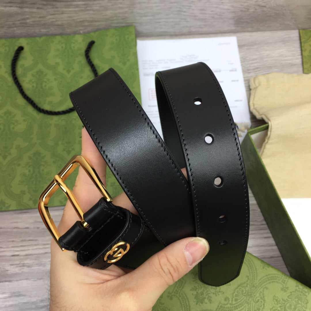 Luxury Gucci G BELT GOLD SQUARE  INSTALL  BUCKLE BLACK LEATHER 3.5CM