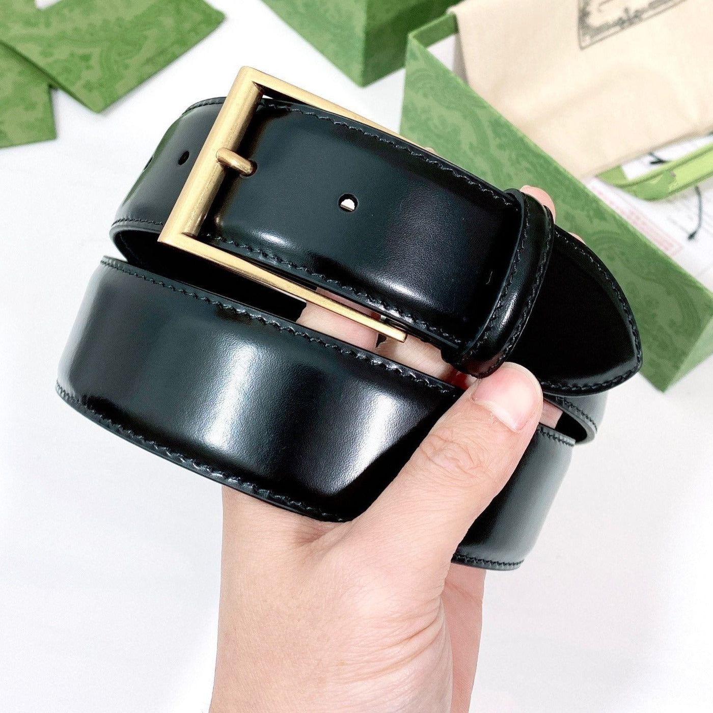 Luxury Gucci G BELT GOLD SQUARE INSTALL BUCKLE BLACK LEATHER 4.0CM