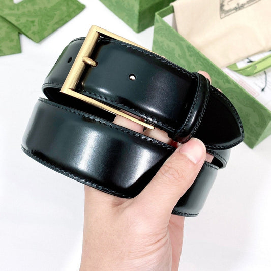 Luxury Gucci G BELT GOLD SQUARE INSTALL BUCKLE BLACK LEATHER 4.0CM
