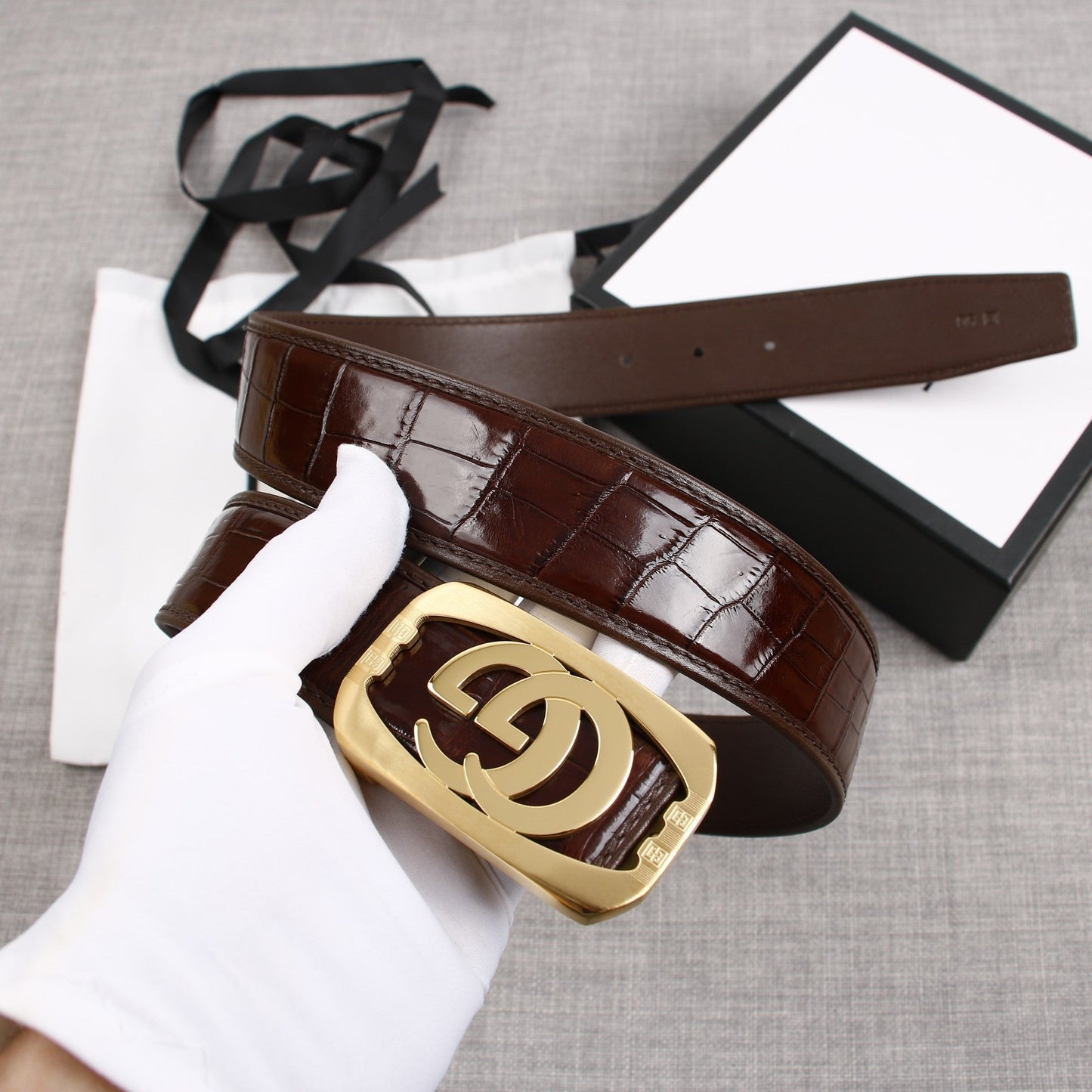 Luxury Gucci G BELT GOLD BUCKLE CROCODILE POLISHED BROWN  3.8CM