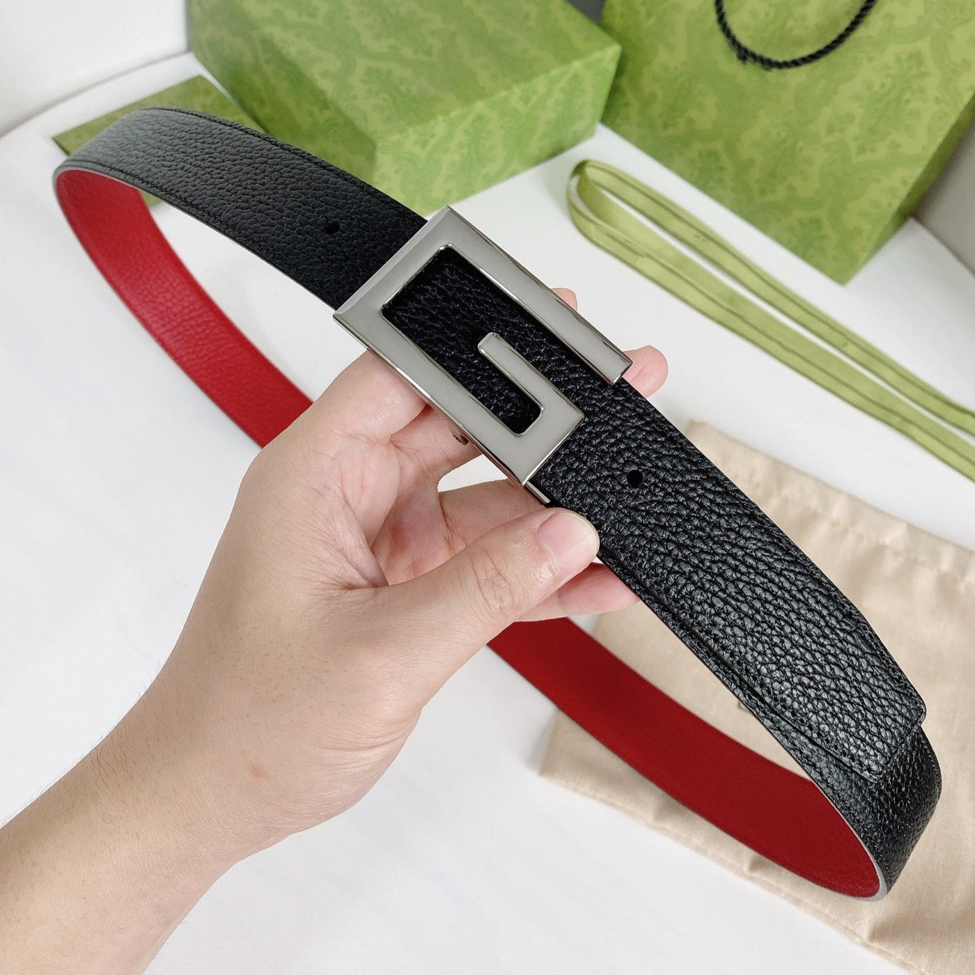Luxury Gucci G BELT SILVER BUCKLE RED BLACK LEATHER 3.5CM
