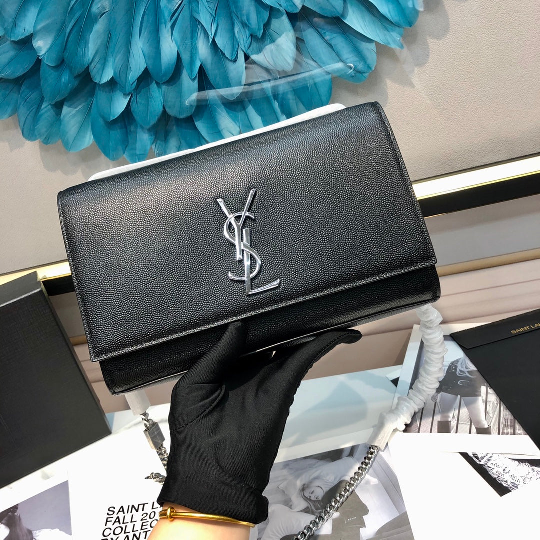 Luxury Saint Laurent kate medium 24cm black grained calfskin silver hardware