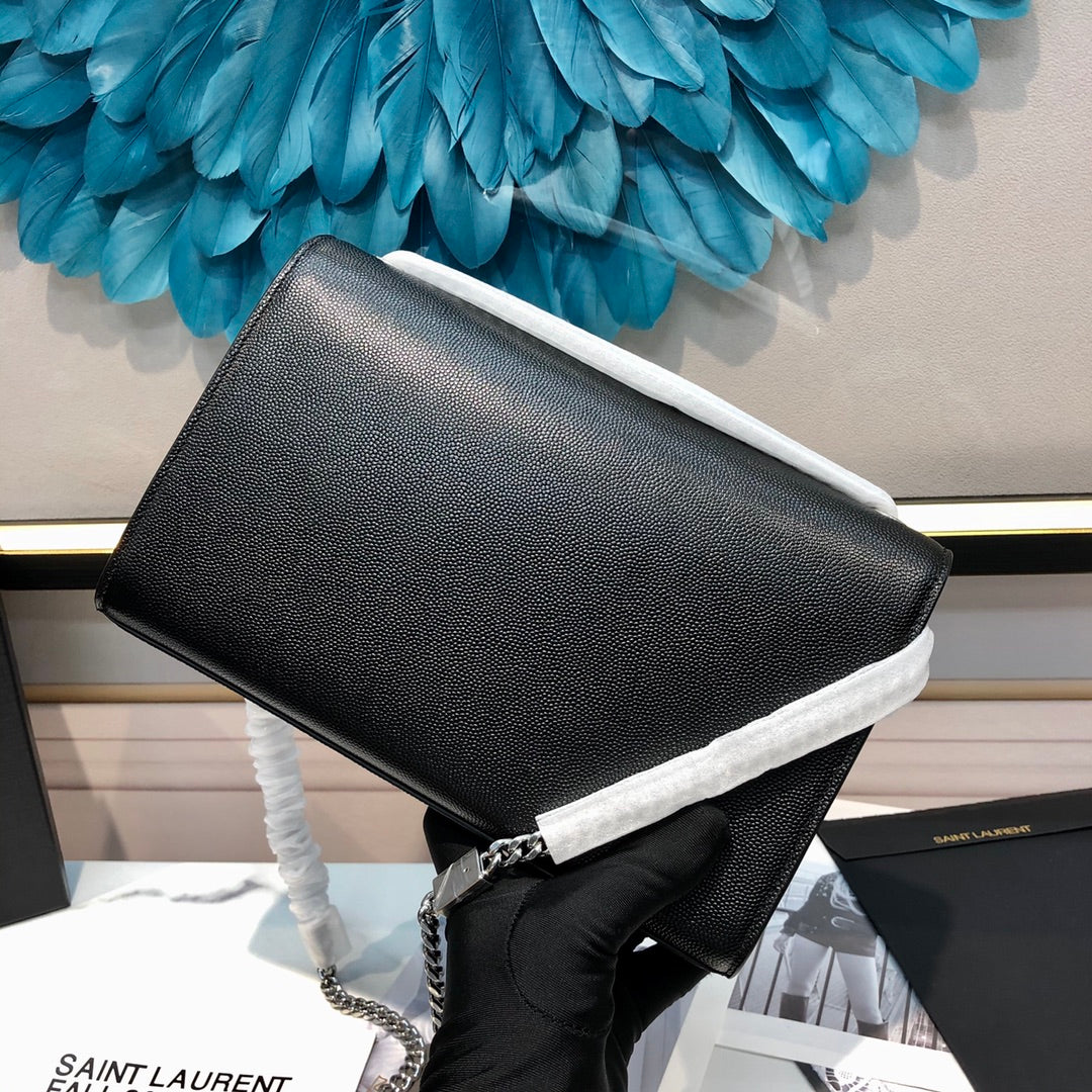 Luxury Saint Laurent kate medium 24cm black grained calfskin silver hardware