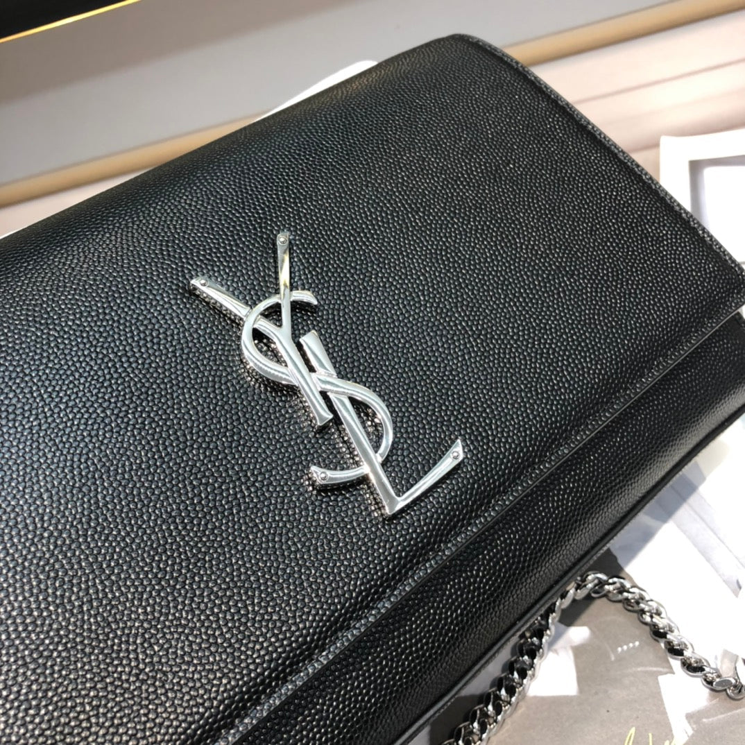Luxury Saint Laurent kate medium 24cm black grained calfskin silver hardware