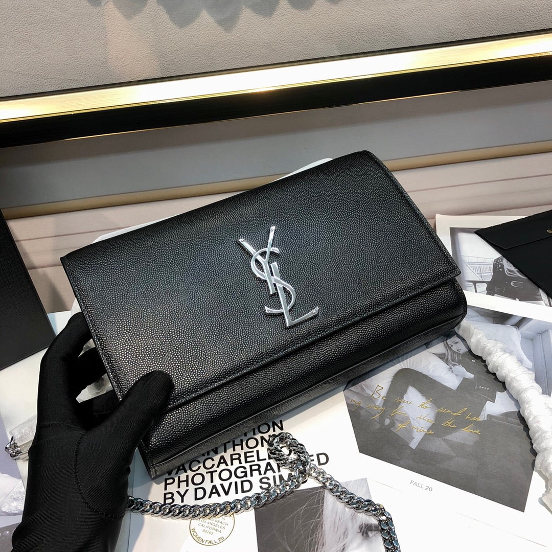 Luxury Saint Laurent kate medium 24cm black grained calfskin silver hardware