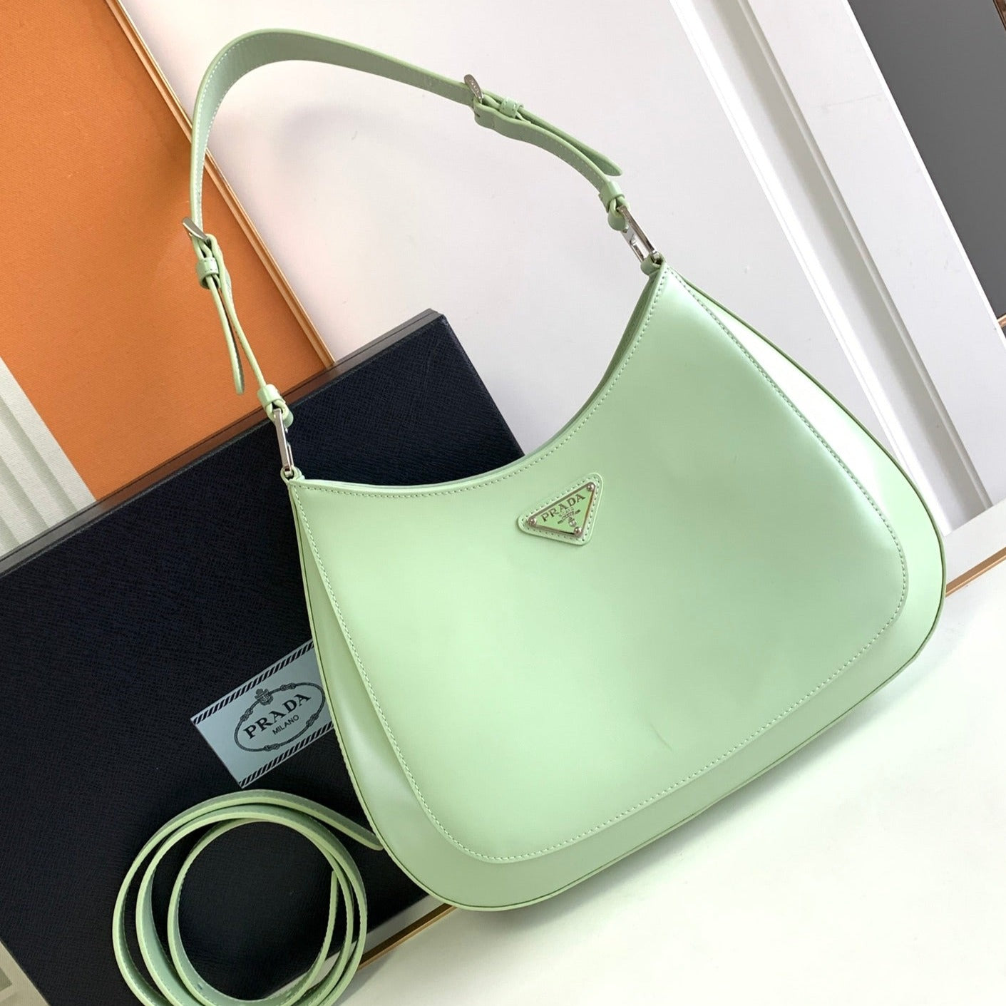 Luxury PradaCLEO 30 LIGHT GREEN BRUSHED LEATHER SHOULDER BAG