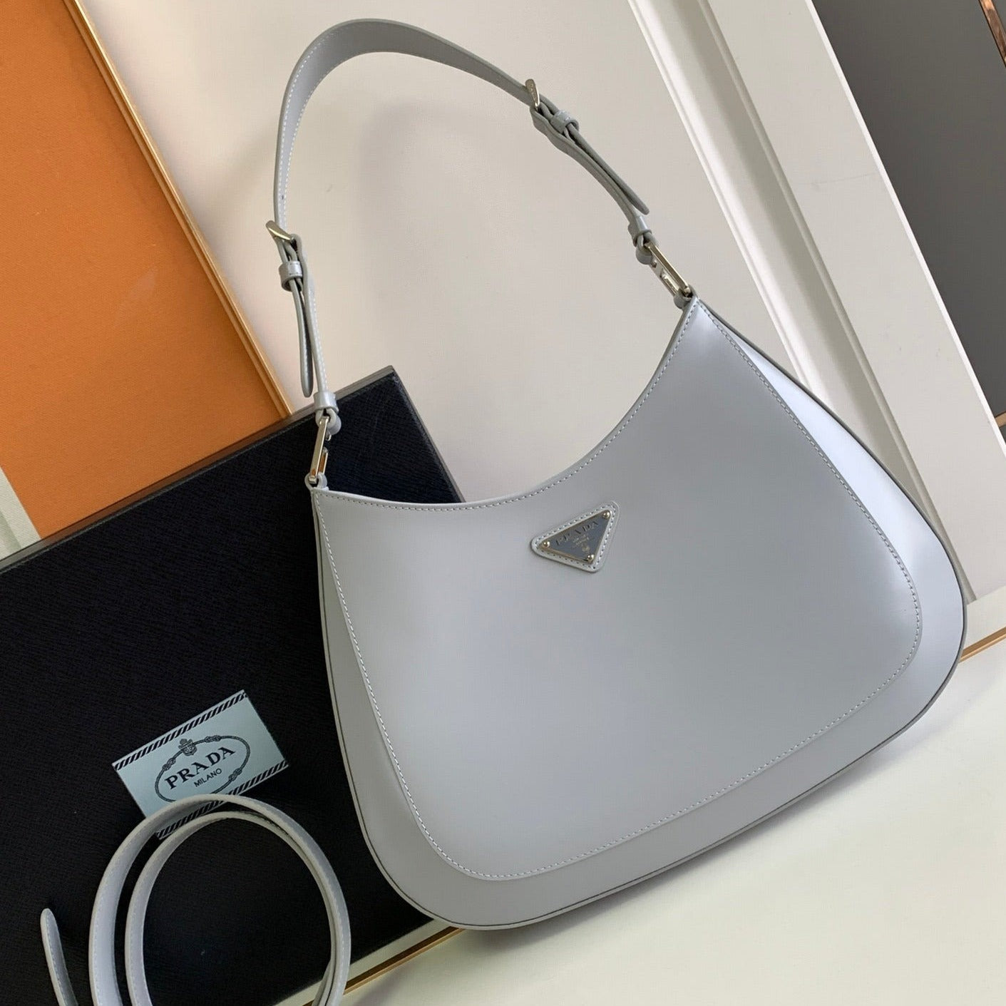 Luxury PradaCLEO 30 GREY BRUSHED LEATHER SHOULDER BAG