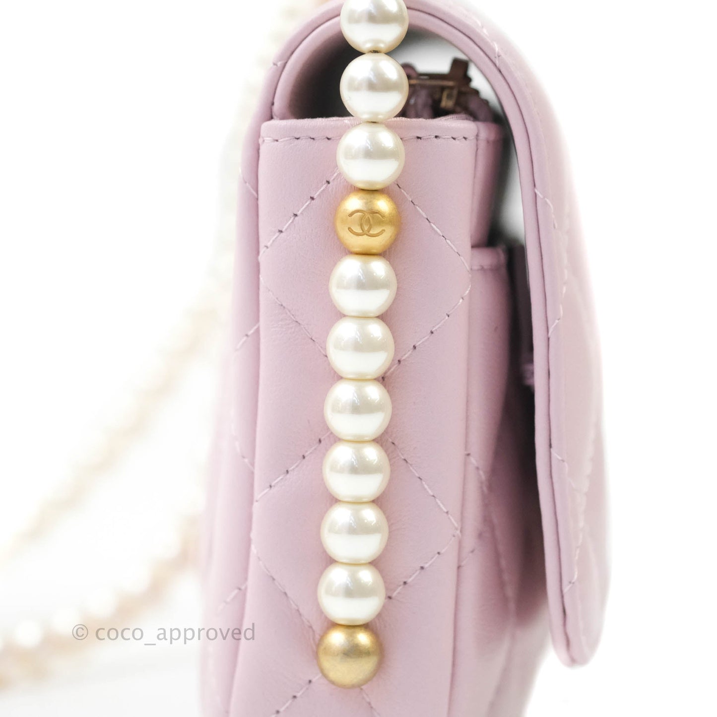Chanel Quilted Wallet On Chain WOC With Pearl Chain Pink Aged Gold Hardware