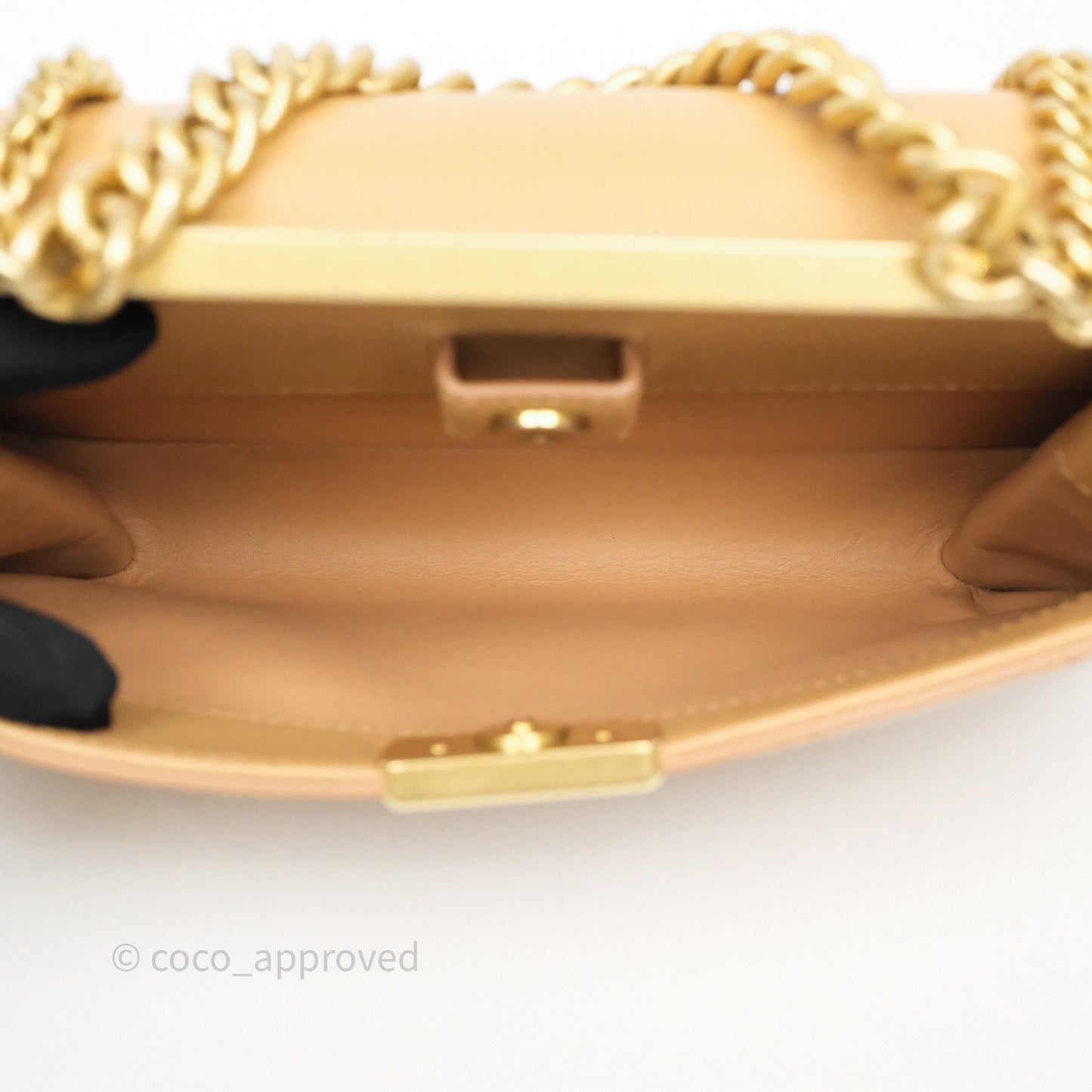 Chanel Small Coco Luxe Flap Bag Caramel Beige Calfskin Aged Gold Hardware